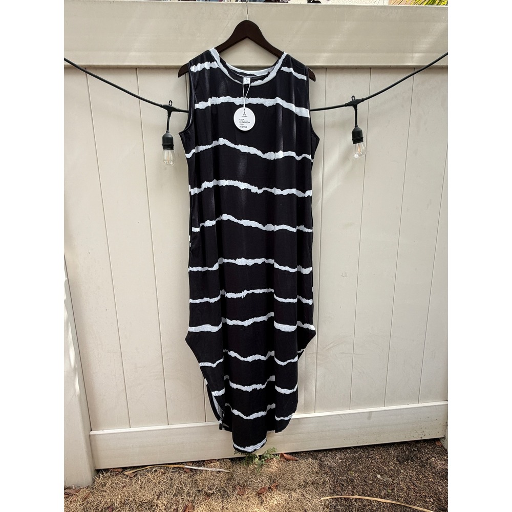 Anrabess Black White Striped Sleeveless Maxi Dress XXL Tulip Hem Cocoon Relaxed